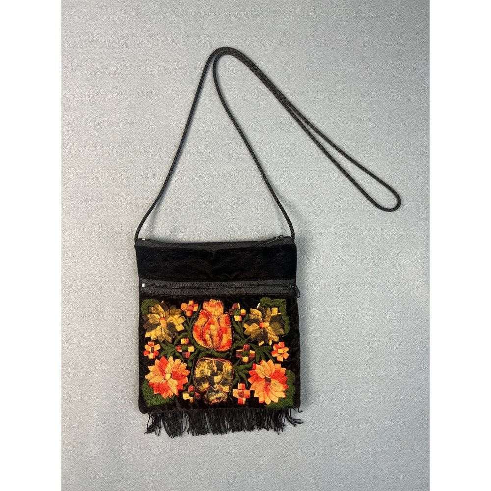 Vintage Floral Embroidered Velvet Crossbody Boho Folk Art Fringe Black Bag
